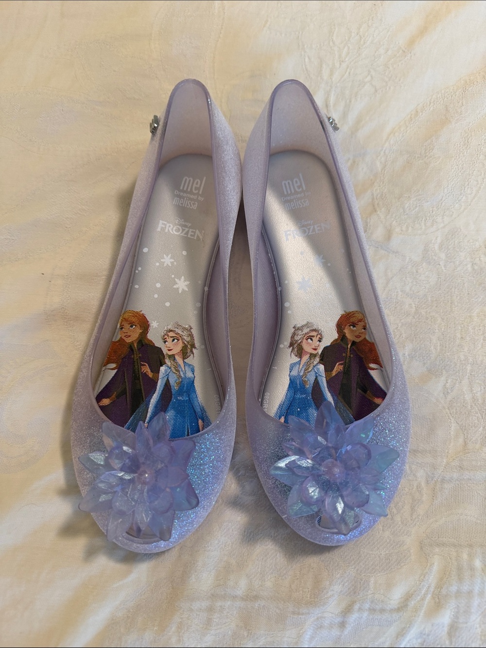 Mini Melissa Girls Frozen Sparkle Jelly Flats in Light Purple size 2